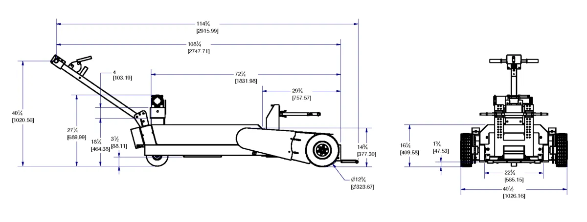 AircraftCaddy 15K and 35K aircraft tug dimension drawing, side and end views