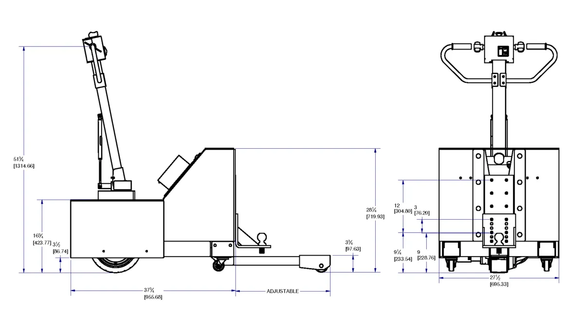 CartCaddy4SC cart mover dimension drawing, side and end views
