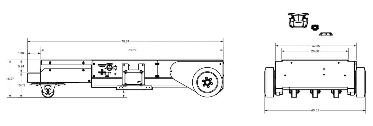 Flatbed Chaindrive Remote Steer dimension drawing, side and end views