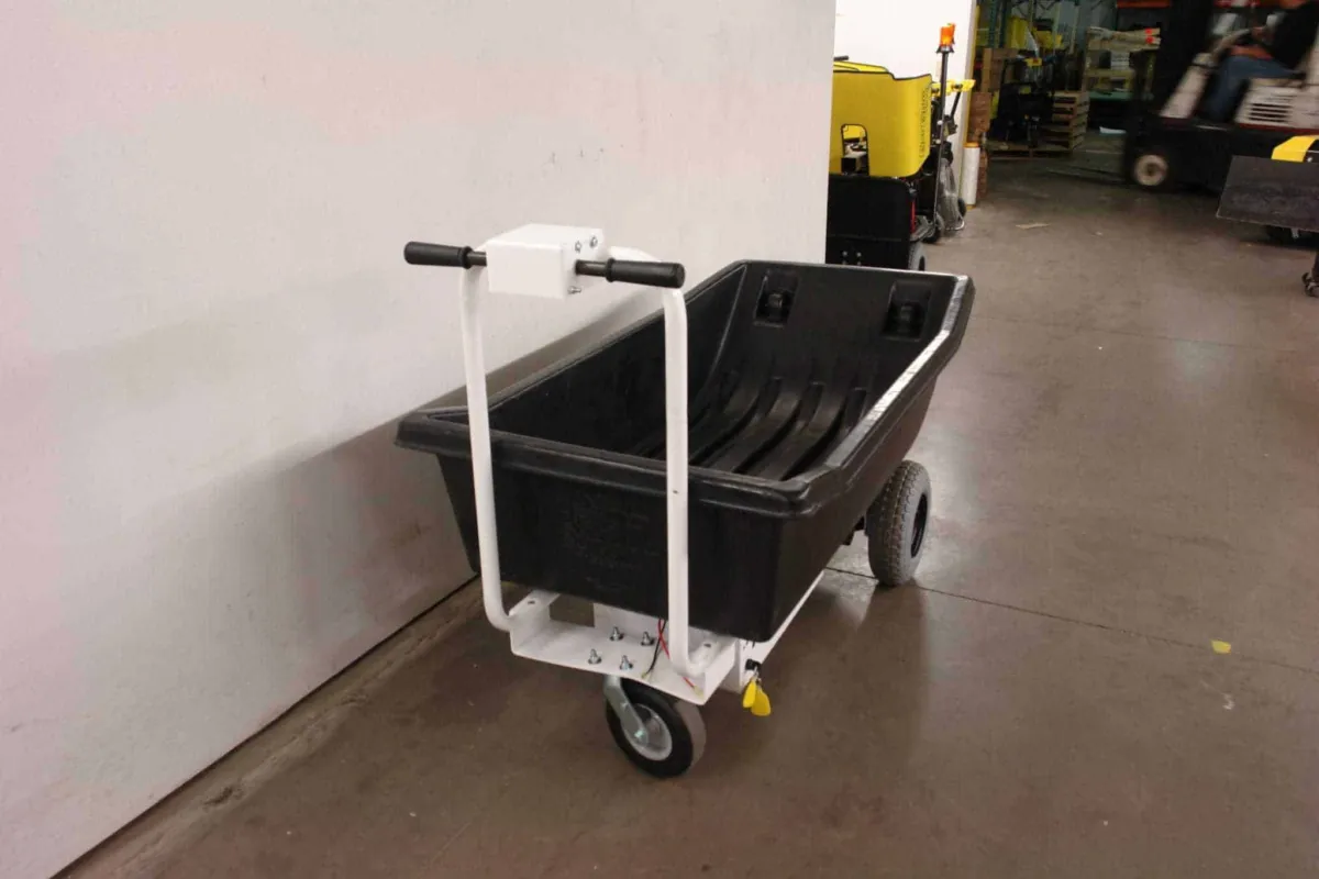 WasteCaddy Dump Hopper with a molded tub body, handle end view