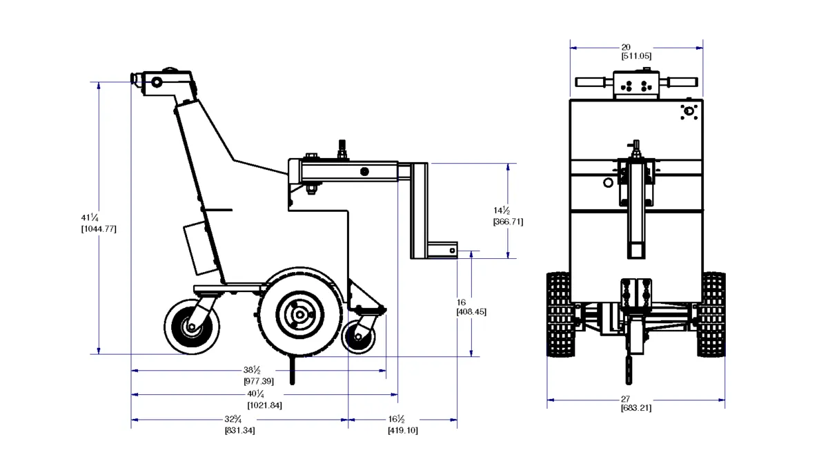 WasteCaddyLite dumpster mover dimension drawing, side and end views