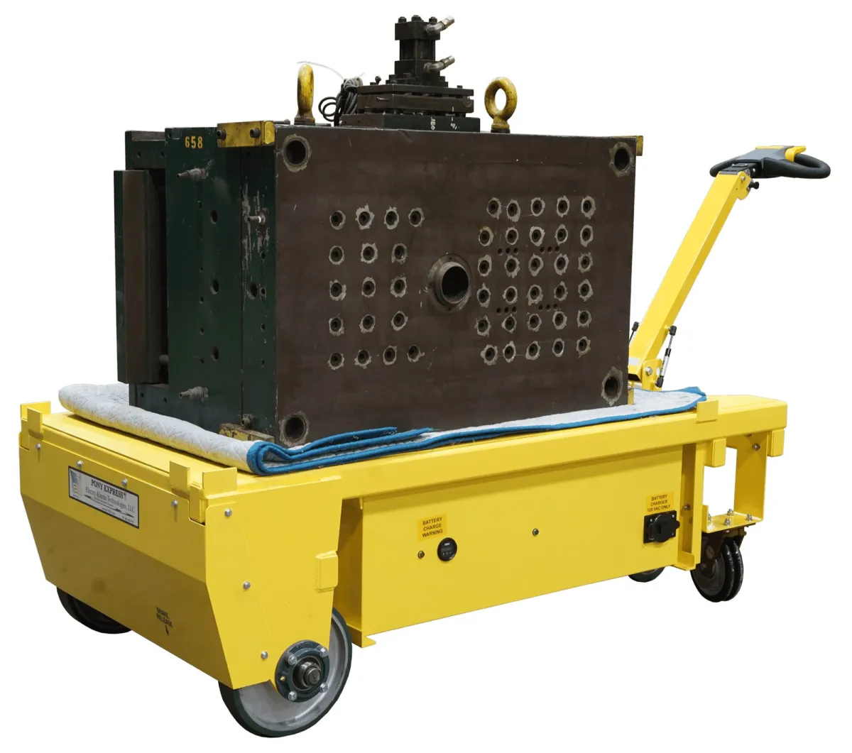 Custom motorized die cart carrying a steel stamping die