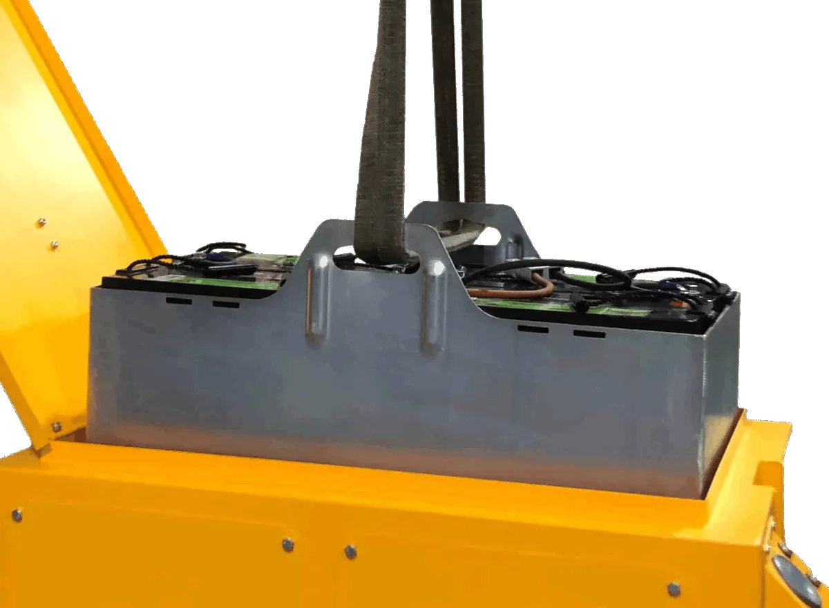 Swappable 48 V battery pack seated in the battery cradle of a Pony Express AC Tugger 25K+