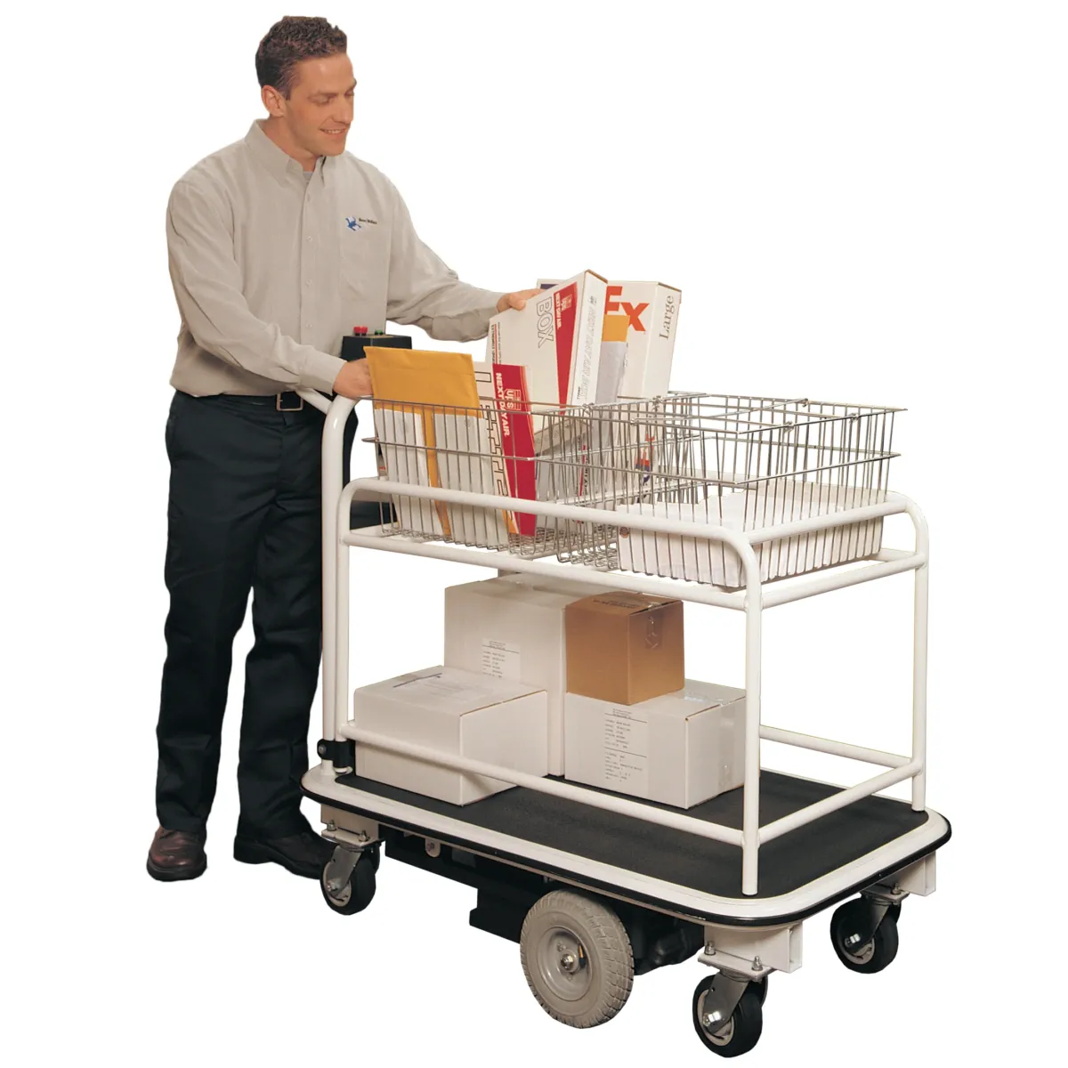 Pony Express 1031-SM01 motorized mailroom cart loaded with packages and envelopes