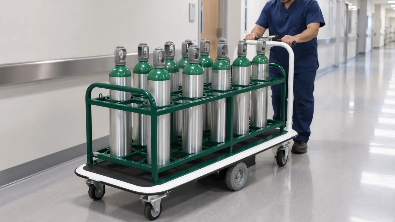 Pony Express MGC-S24C cart carrying upright oxygen cylinders down a hospital corridor (illustration)