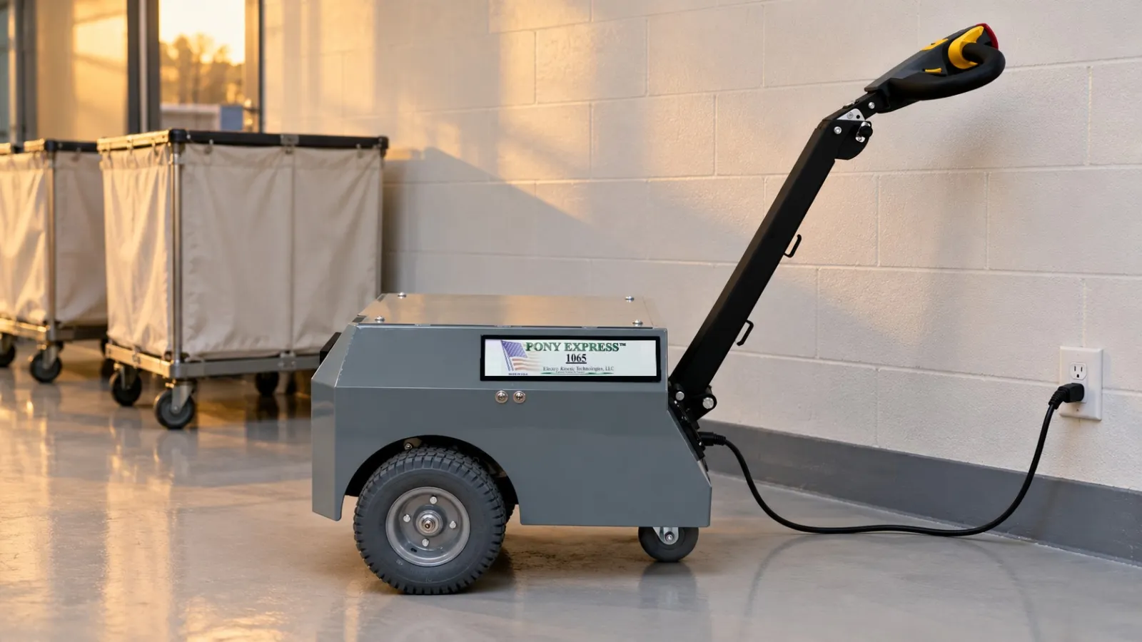 Pony Express 1065 electric tugger plugged into a wall outlet to charge after a shift in a laundry corridor (illustration)