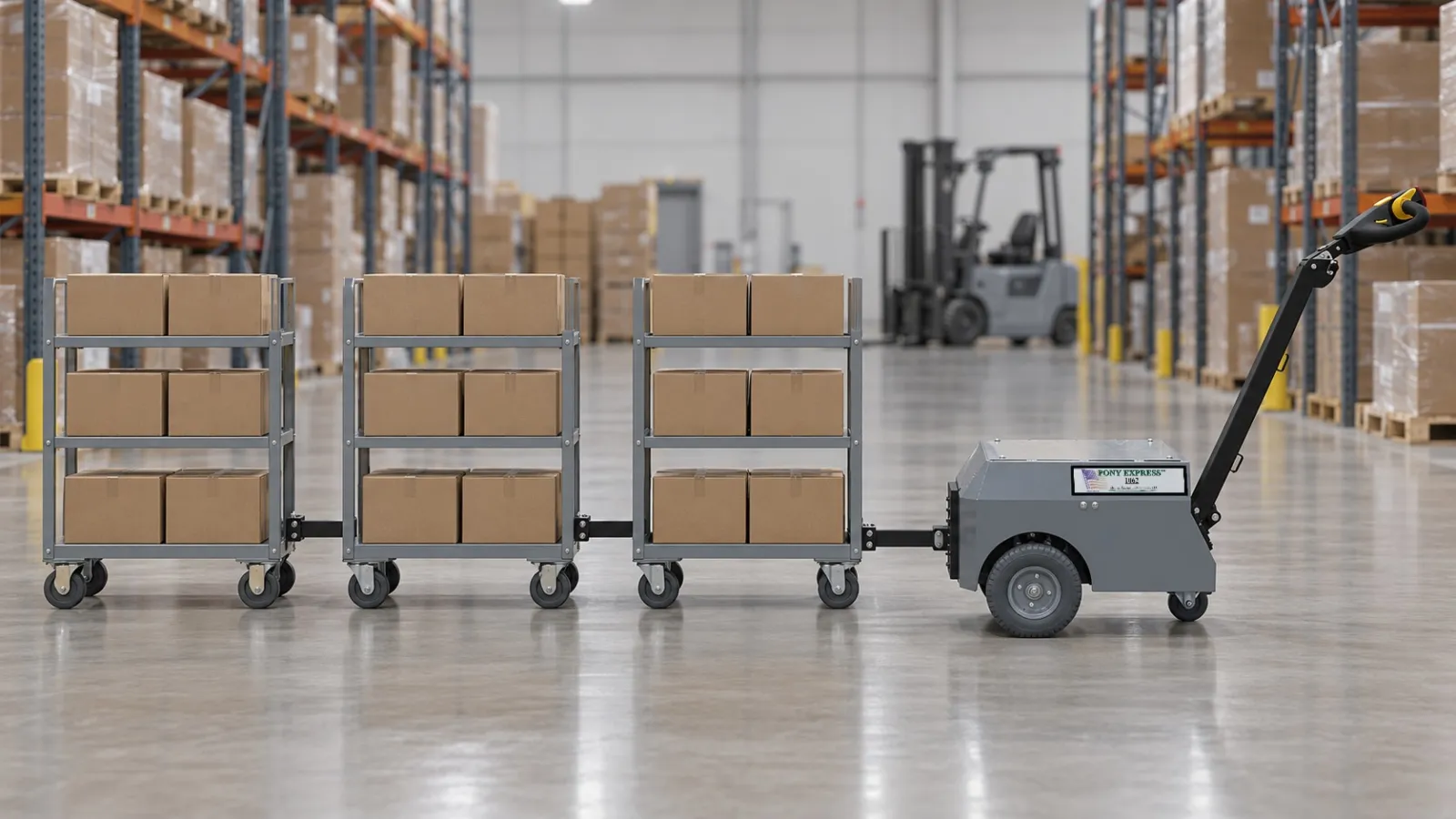 Pony Express 1062 tugger towing three carton shelf carts in a warehouse with a forklift parked behind (illustration)