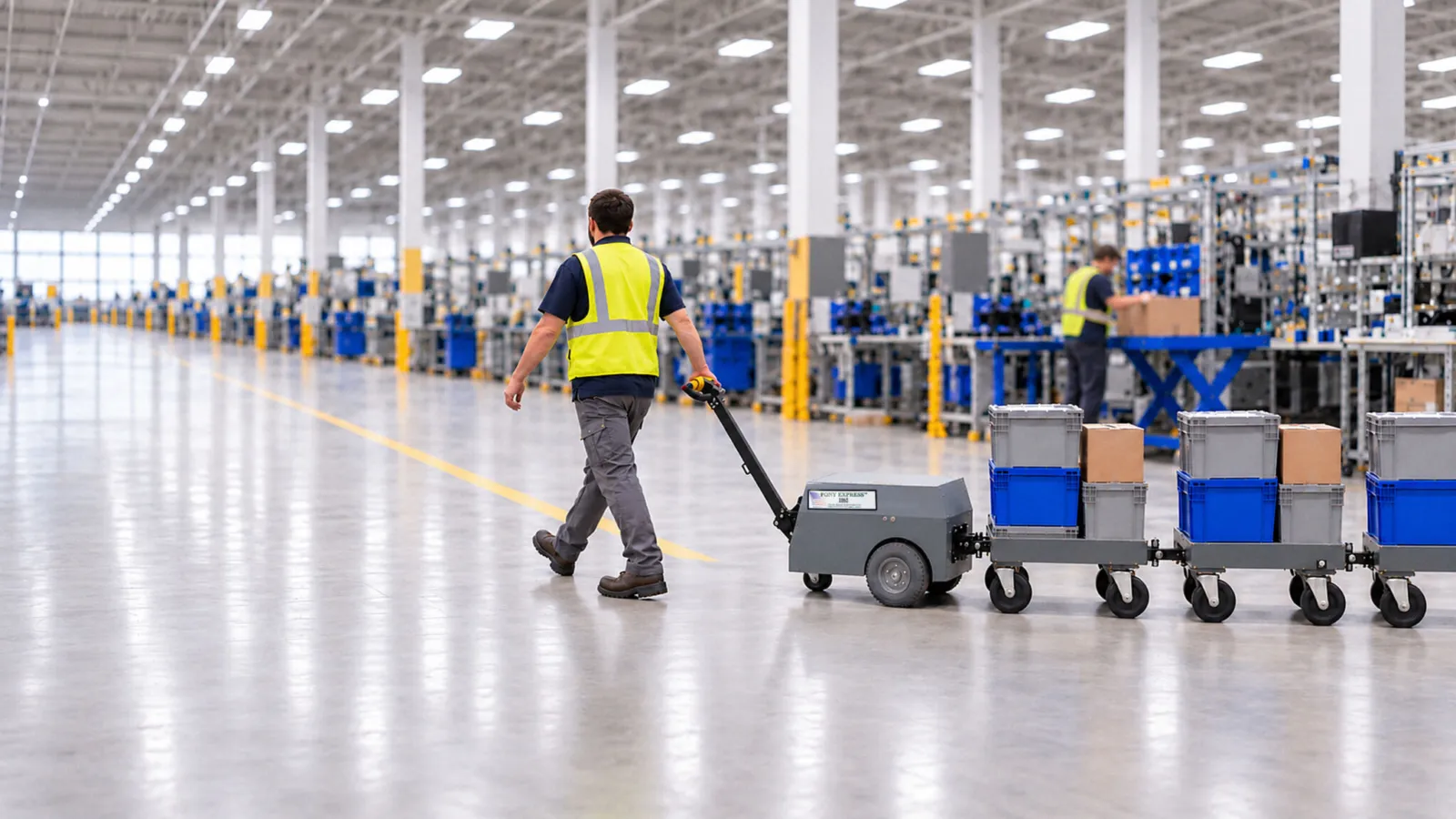 A worker walks a Pony Express 1065 tugger towing a train of loaded carts down a plant aisle (illustration)